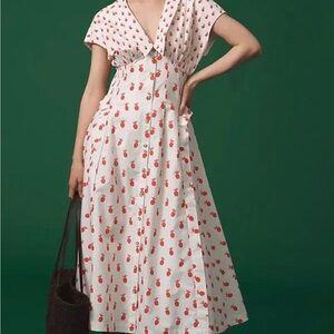 NWT Anthropologie Short Sleeve Pleated Midi Dress Red Pineapple Print size 2X